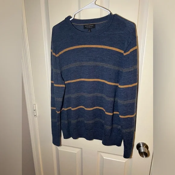 Banana Republic 100% Merino Wool Striped Crewneck Sweater Size L Blue - Picture 5 of 7